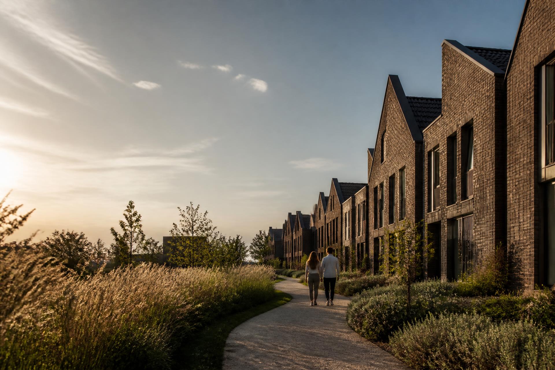 Moderne nieuwbouwwijk met een stel dat de woningen bekijkt